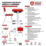 Conjunto Escolar Vermelha com Mesa e Cadeira 06 a 10 Anos