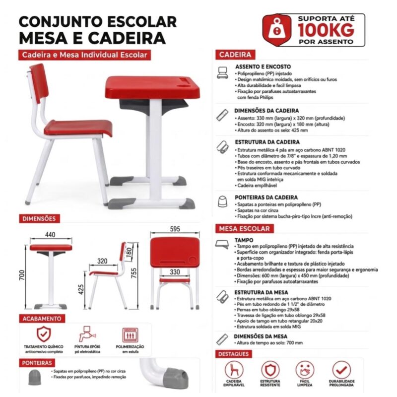 Conjunto Escolar Vermelha com Mesa e Cadeira 06 a 10 Anos