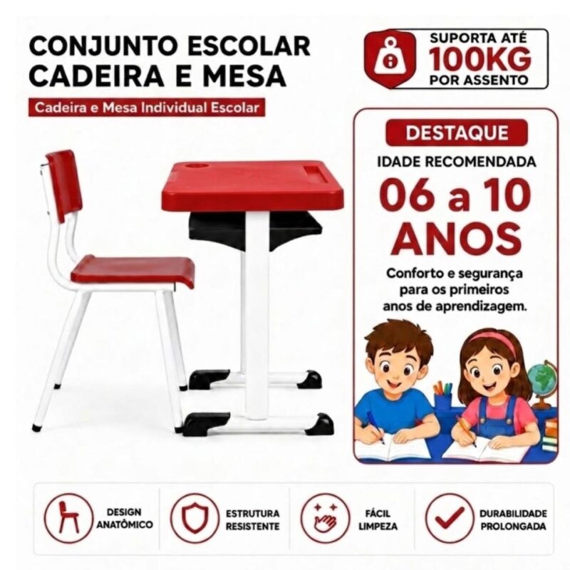 Conjunto Escolar Vermelha com Mesa e Cadeira 06 a 10 Anos