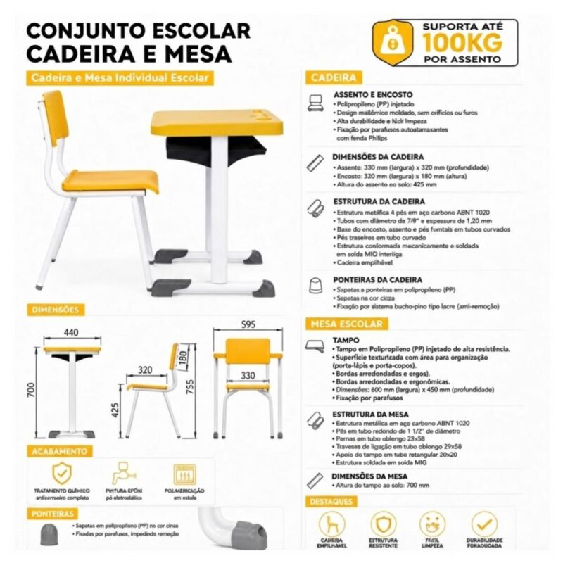 Conjunto Escolar Amarelo com Mesa e Cadeira 06 a 10 Anos
