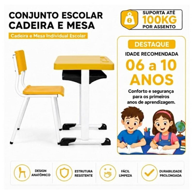 Conjunto Escolar Amarelo com Mesa e Cadeira 06 a 10 Anos