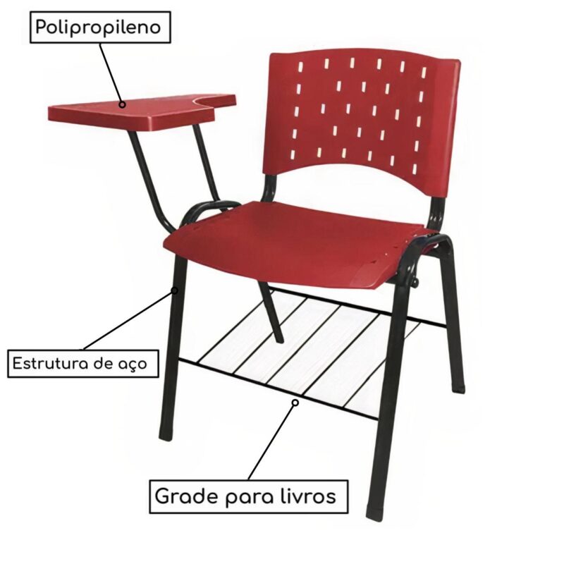Kit 05 Cadeiras Plásticas Universitárias PRANCHETA PLÁSTICA com Porta Livros - Cor Vermelho 32039