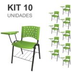 Kit 10 Cadeiras Plásticas Universitárias PRANCHETA PLÁSTICA com Porta Livros - Cor Verde 32036