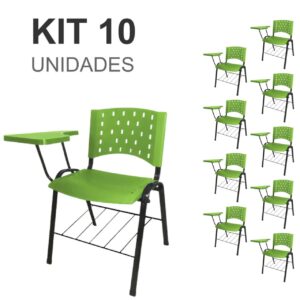 Kit 10 Cadeiras Plásticas Universitárias PRANCHETA PLÁSTICA com Porta Livros - Cor Verde 32036