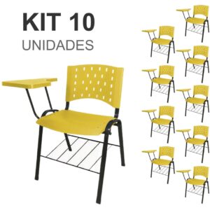 Kit 10 Cadeiras Plásticas Universitárias PRANCHETA PLÁSTICA com Porta Livros - Cor Amarelo 32037