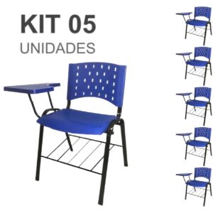 Kit 05 Cadeiras Plásticas Universitárias PRANCHETA PLÁSTICA com Porta Livros - Cor Azul 32038