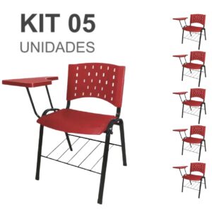 Kit 05 Cadeiras Plásticas Universitárias PRANCHETA PLÁSTICA com Porta Livros - Cor Vermelho 32039