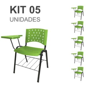 Kit 05 Cadeiras Plásticas Universitárias PRANCHETA PLÁSTICA com Porta Livros - Cor Verde 32040