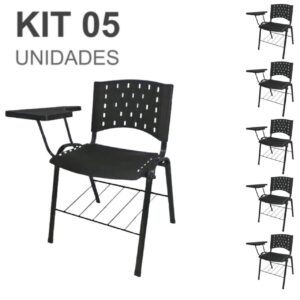 KIT 05 Cadeiras Universitárias com Prancheta e Porta Livros - Cor Preto - REAPLAST - 32043