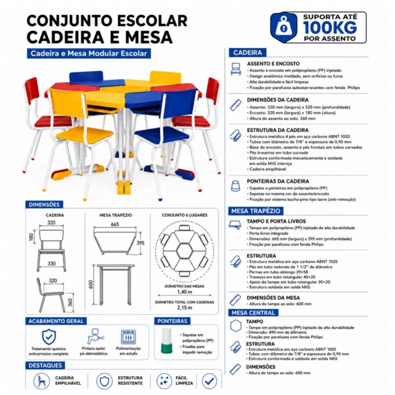 Conjunto Escolar Hexagonal Coletivo com 6 Lugares