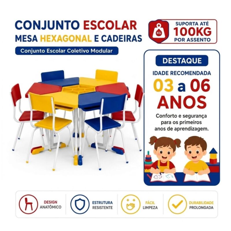Conjunto Escolar Hexagonal Coletivo com 6 Lugares