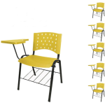 Móveis Escolares Kit 05 Cadeiras Plásticas Universitárias PRANCHETA PLÁSTICA com Porta Livros REALPLAST - Cor Amarelo - 32041