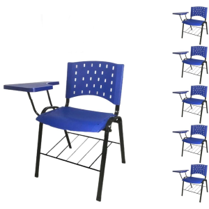 Móveis Escolares Kit 05 Cadeiras Plásticas Universitárias PRANCHETA PLÁSTICA com Porta Livros REALPLAST - Cor Azul - 32038