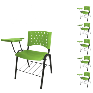 Móveis Escolares Kit 05 Cadeiras Plásticas Universitárias PRANCHETA PLÁSTICA com Porta Livros REALPLAST - Cor Verde 32040