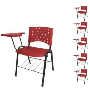 Móveis Escolares Kit 05 Cadeiras Plásticas Universitárias PRANCHETA PLÁSTICA com Porta Livros REALPLAST - Cor Vermelho - 32039