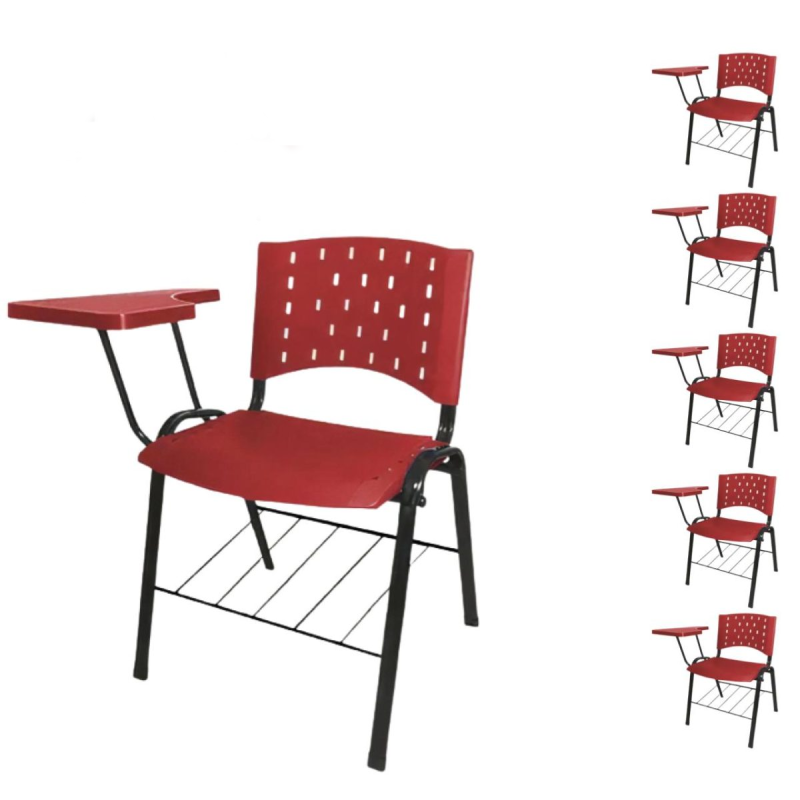 Móveis Escolares Kit 05 Cadeiras Plásticas Universitárias PRANCHETA PLÁSTICA com Porta Livros REALPLAST - Cor Vermelho - 32039