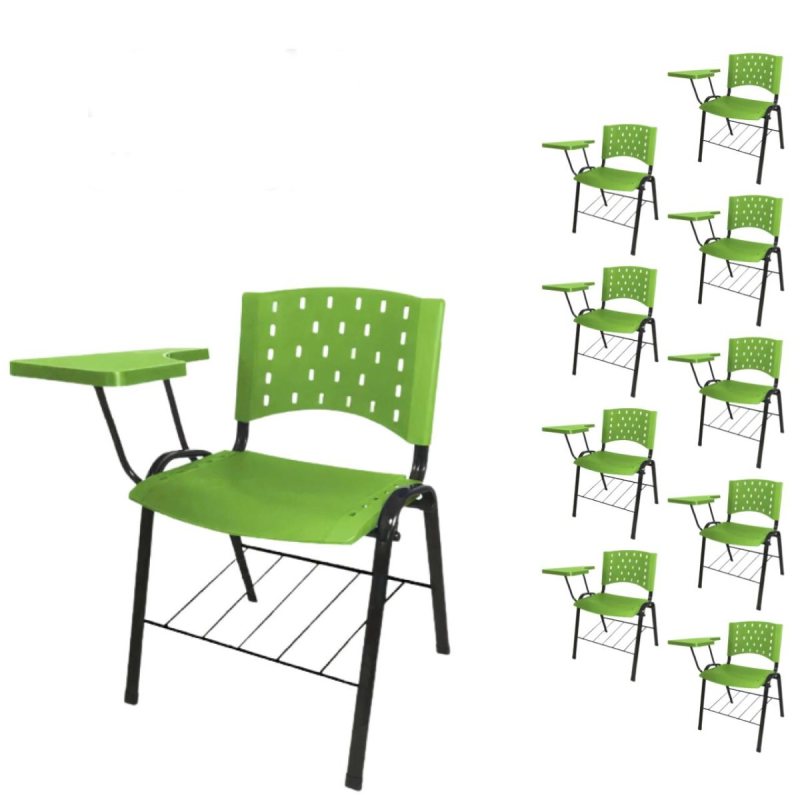 Móveis Escolares Kit 10 Cadeiras Plásticas Universitárias PRANCHETA PLÁSTICA com Porta Livros REALPLAST - Cor Verde - 32036
