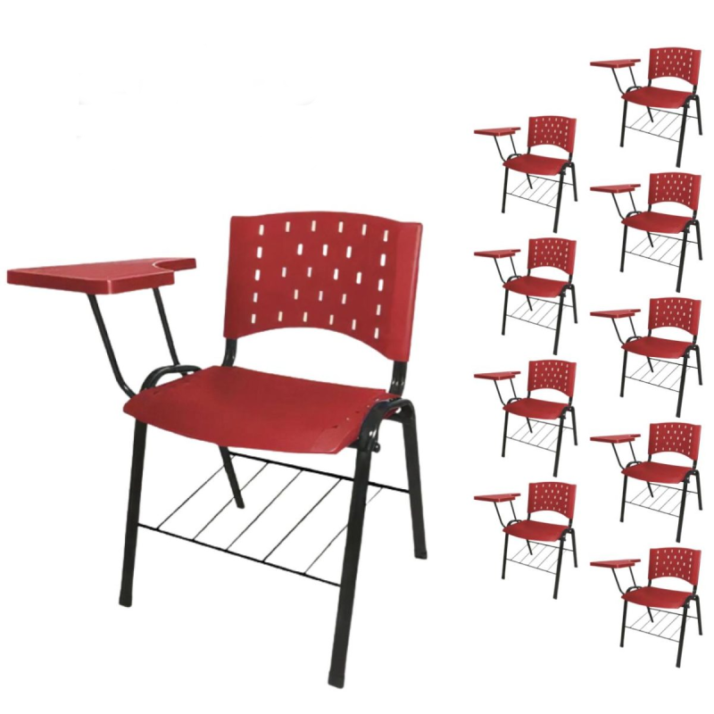Móveis Escolares Kit 10 Cadeiras Plásticas Universitárias PRANCHETA PLÁSTICA com Porta Livros REALPLAST - Cor Vermelho - 32035