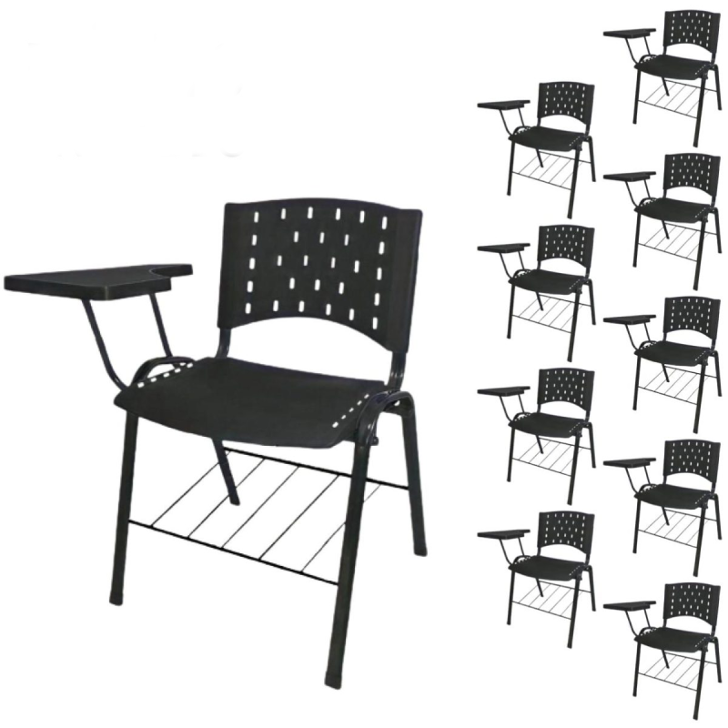 Móveis Escolares KIT 10 Cadeiras Universitárias com Prancheta e Porta Livros - Cor Preto - REAPLAST - 32042