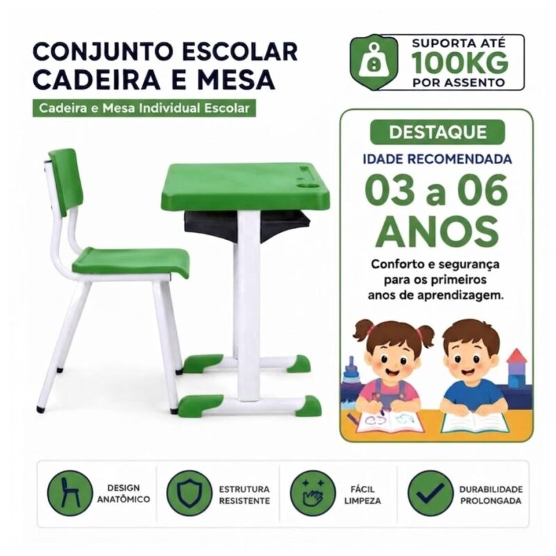 Conjunto Escolar Verde com Mesa e Cadeira 03 a 06 Anos