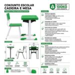 Conjunto Escolar Verde com Mesa e Cadeira 03 a 06 Anos