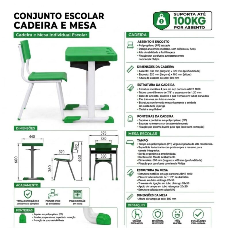 Conjunto Escolar Verde com Mesa e Cadeira 03 a 06 Anos