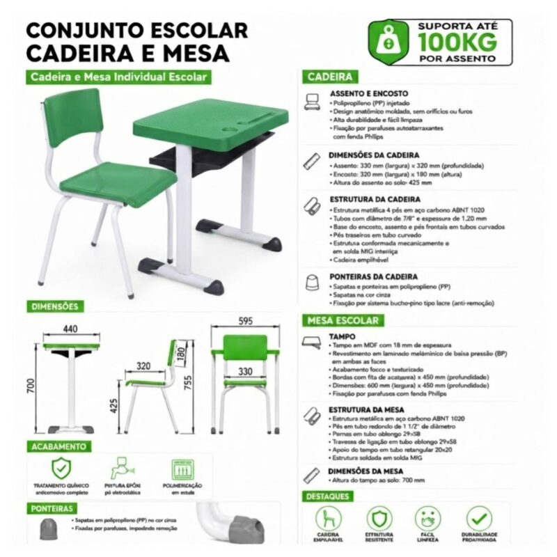 Conjunto Escolar Verde com Mesa e Cadeira 06 a 10 Anos