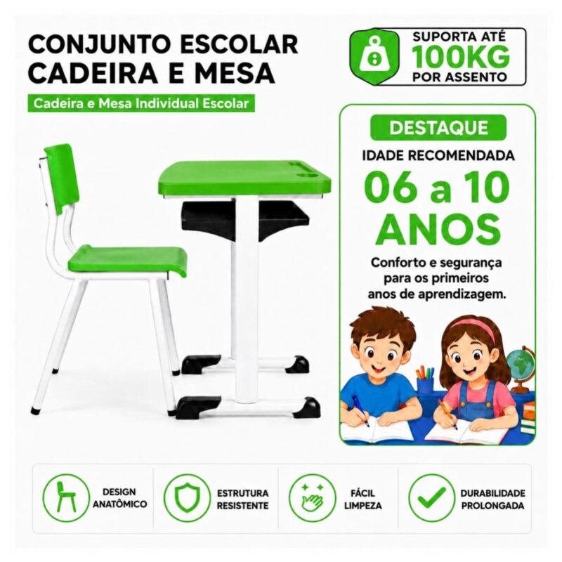 Conjunto Escolar Verde com Mesa e Cadeira 06 a 10 Anos