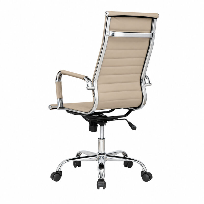 Cadeira Presidente Charles Eames Fendi em vista lateral com indicações de corino, sistema Relax e rodízio reforçado.