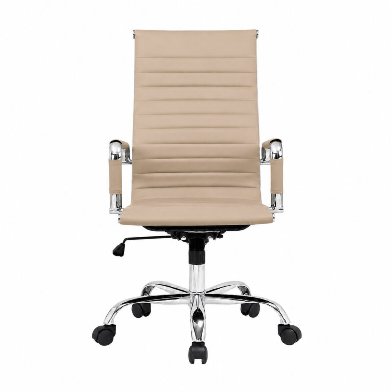 Cadeira Presidente Charles Eames Esteirinha Fendi em vista frontal, com encosto alto e base de cinco hastes.