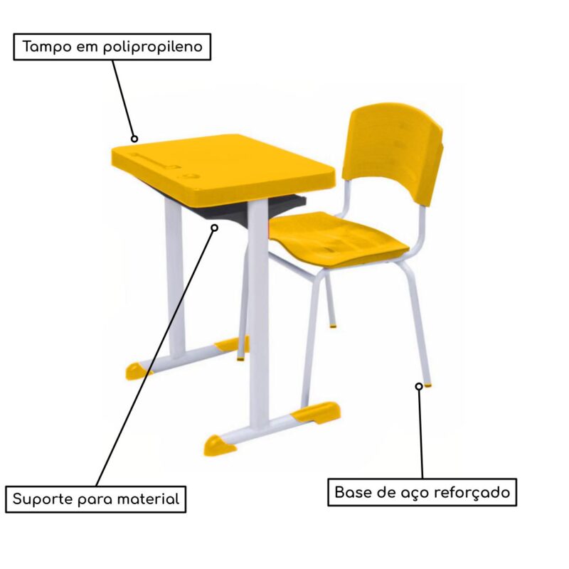 Kit Escolar Individual AMARELO – (Mesa e Cadeira) – ADULTO – POLLO MÓVEIS - COR AMARELO - 40083