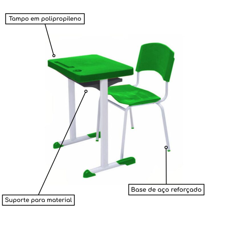 Kit Escolar Individual VERDE – (Mesa e Cadeira) – ADULTO – POLLO MÓVEIS - COR VERDE - 40084