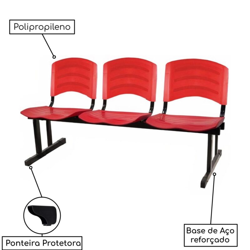 Kit 10 Cadeiras Longarinas PLÁSTICAS 03 Lugares - Cor Vermelho - POLLO MÓVEIS - 33048