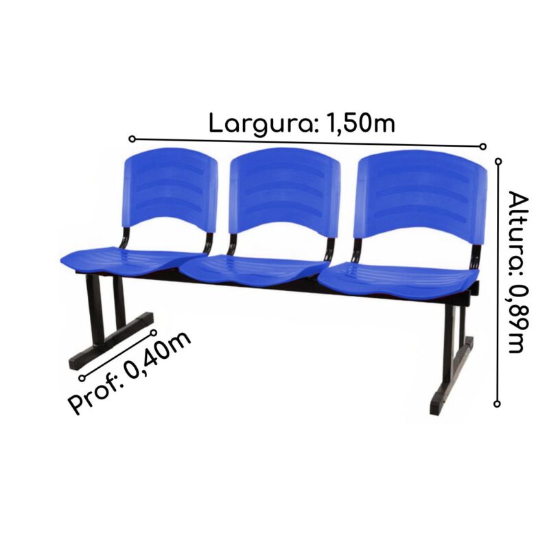 Cadeira Longarina PLÁSTICA 03 Lugares - Cor Azul - POLLO MÓVEIS - 33023