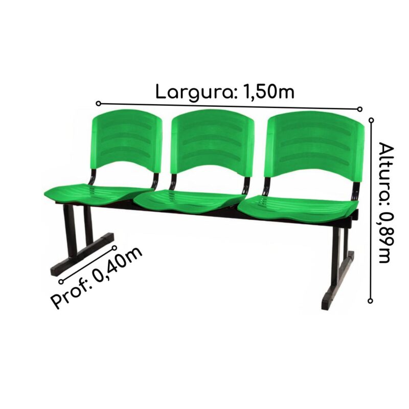 Kit 10 Cadeiras Longarinas PLÁSTICAS 03 Lugares - Cor Verde - POLLO MÓVEIS - 33066