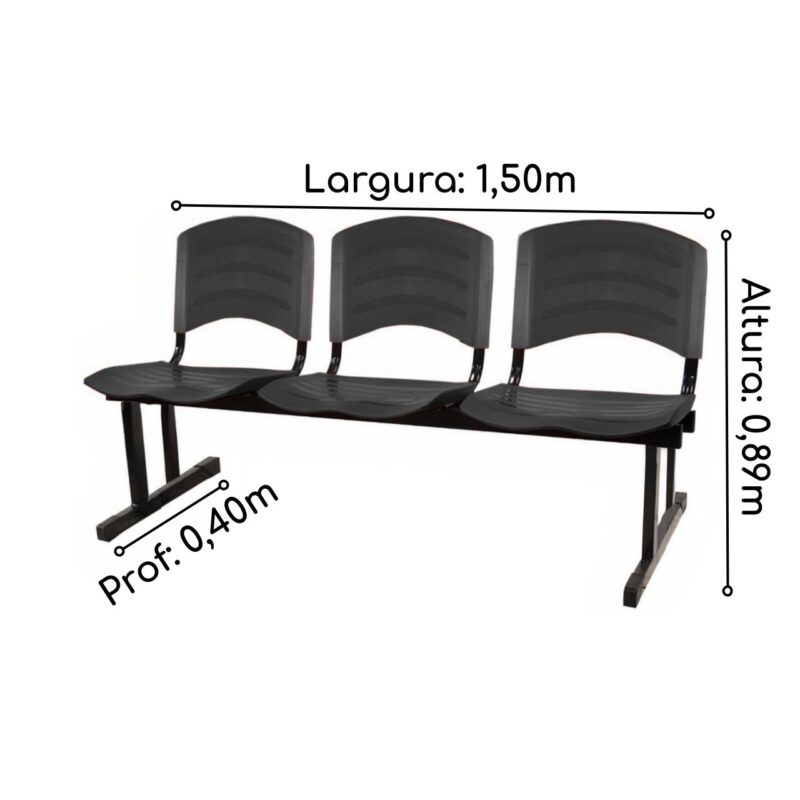 Kit 05 Cadeiras Longarinas PLÁSTICA 03 Lugares - Cor PRETO - POLLO MÓVEIS - 33034
