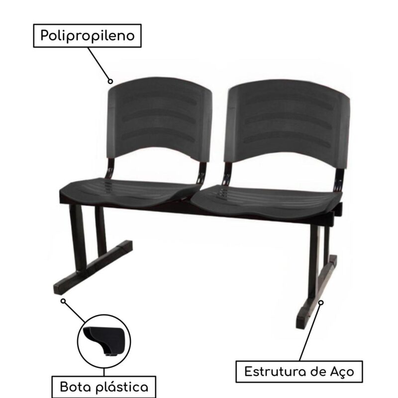 Cadeira Longarina PLÁSTICA 02 Lugares - Cor PRETO - POLLO MÓVEIS - 33026