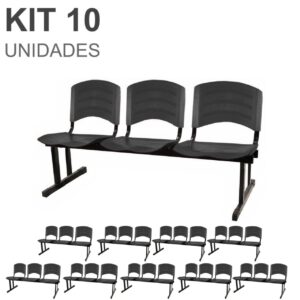 Kit 10 Cadeiras Longarinas PLÁSTICA 03 Lugares - Cor PRETO - POLLO MÓVEIS - 33039