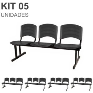 Kit 05 Cadeiras Longarinas PLÁSTICA 03 Lugares - Cor PRETO - POLLO MÓVEIS - 33034