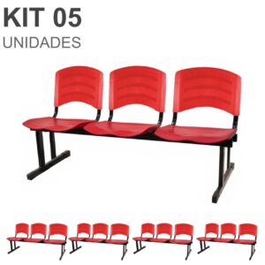 Kit 05 Cadeiras Longarinas PLÁSTICAS 03 Lugares - Cor Vermelho - POLLO MÓVEIS - 33043