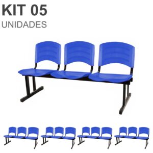 Kit 05 Cadeiras Longarinas PLÁSTICAS 03 Lugares - Cor Azul - POLLO MÓVEIS - 33052