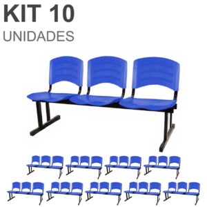 Kit 10 Cadeiras Longarinas PLÁSTICAS 03 Lugares - Cor Azul - POLLO MÓVEIS - 33057