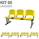Kit 05 Cadeiras Longarinas PLÁSTICAS 03 Lugares - Cor Amarelo - POLLO MÓVEIS - 33080