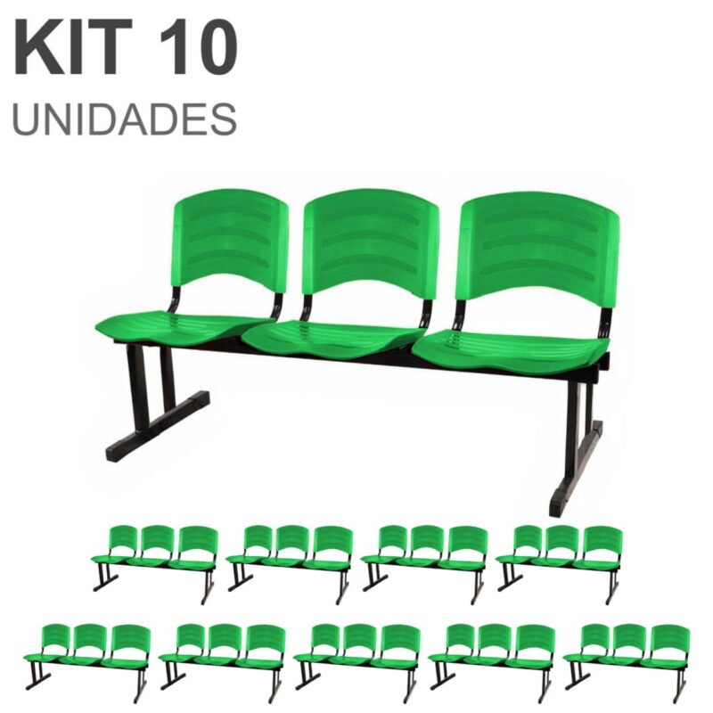 Kit 10 Cadeiras Longarinas PLÁSTICAS 03 Lugares - Cor Verde - POLLO MÓVEIS - 33066