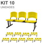 Kit 10 Cadeiras Longarinas PLÁSTICAS 03 Lugares - Cor Amarelo - POLLO MÓVEIS - 33085