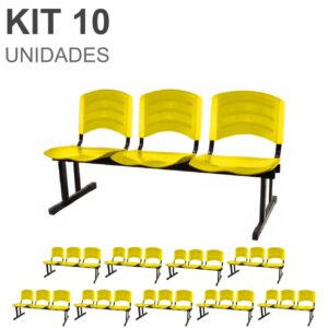Kit 10 Cadeiras Longarinas PLÁSTICAS 03 Lugares - Cor Amarelo - POLLO MÓVEIS - 33085