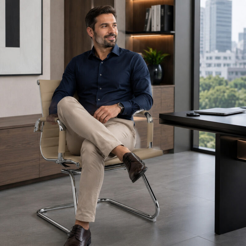 Pessoa adulta utilizando a Cadeira Interlocutor Charles Eames Fendi em ambiente profissional de escritório.