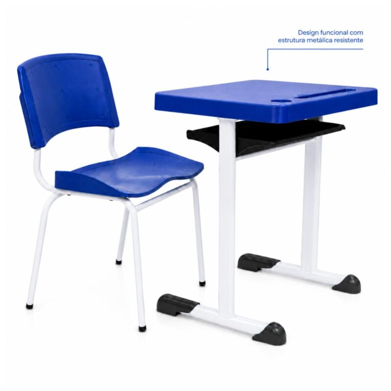 Conjunto Escolar Individual Adulto com Mesa e Cadeira Azul