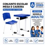 Conjunto Escolar Individual Adulto com Mesa e Cadeira Azul