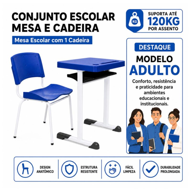 Conjunto Escolar Individual Adulto com Mesa e Cadeira Azul